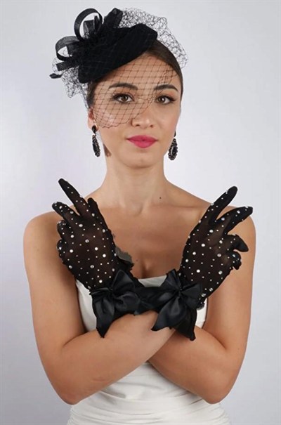Siyah Tül Taşlı Abiye Eldiven ve Tüylü Fascinator Şapka Seti