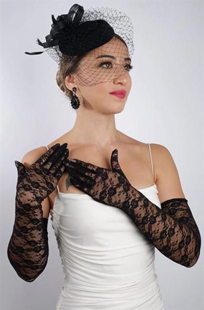 Siyah Uzun Dantelli Fiyonklu Gelin Eldiveni Düğün Nikah Fascinator Şapka Seti