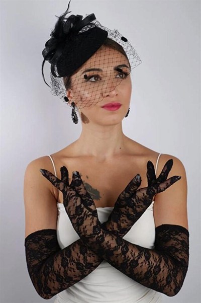 Siyah Uzun Dantelli Fiyonklu Gelin Eldiveni Düğün Nikah Fascinator Şapka Seti