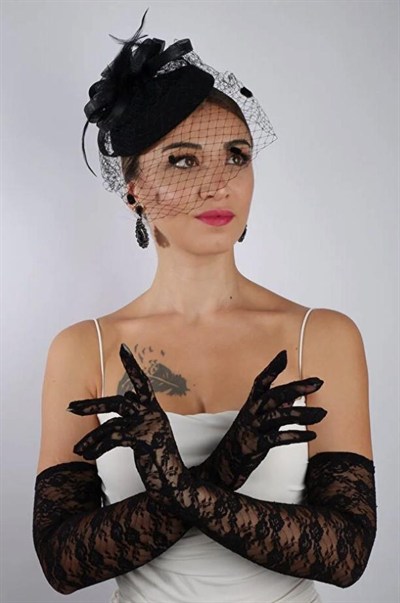 Siyah Uzun Dantelli Fiyonklu Gelin Eldiveni Düğün Nikah Fascinator Şapka Seti