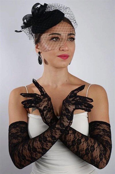 Siyah Uzun Dantelli Fiyonklu Gelin Eldiveni Düğün Nikah Fascinator Şapka Seti