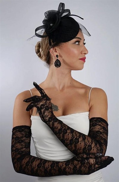 Siyah Uzun Saten Dantelli Fiyonklu Gelin Eldiveni Düğün Nikah Fascinator Şapka Seti