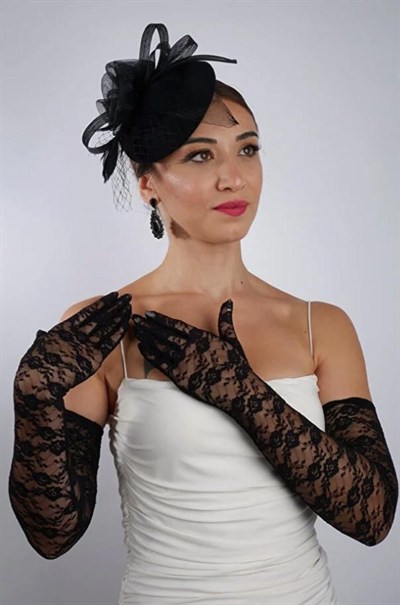 Siyah Uzun Saten Dantelli Fiyonklu Gelin Eldiveni Düğün Nikah Fascinator Şapka Seti