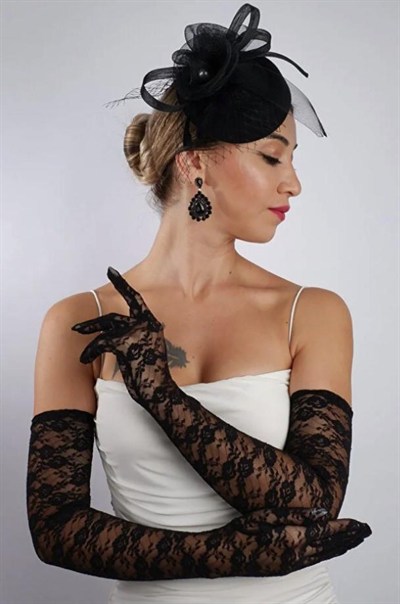Siyah Uzun Saten Dantelli Fiyonklu Gelin Eldiveni Düğün Nikah Fascinator Şapka Seti