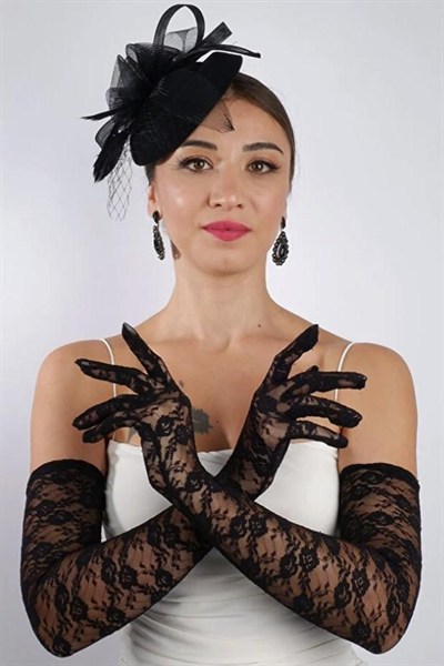 Siyah Uzun Saten Dantelli Fiyonklu Gelin Eldiveni Düğün Nikah Fascinator Şapka Seti