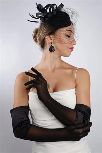 Siyah Yarı Saten Tül Gelin Eldiveni ve Düğün Nikah Fascinator Şapka Seti