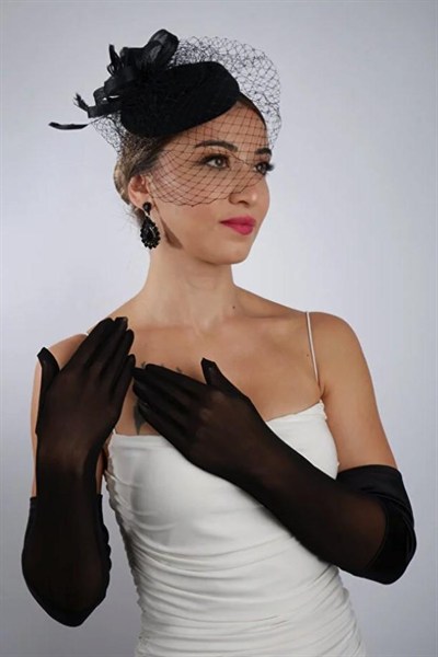 Siyah Yarı Saten Tül Gelin Eldiveni ve Düğün Nikah Fascinator Şapka Seti