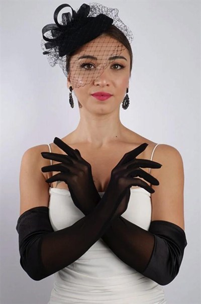 Siyah Yarı Saten Tül Gelin Eldiveni ve Düğün Nikah Fascinator Şapka Seti