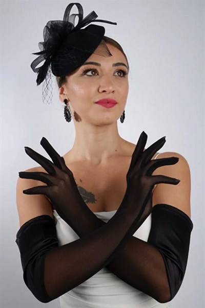 Siyah Yarı Saten Tül Gelin Eldiveni ve Düğün Nikah Fascinator Şapka Seti
