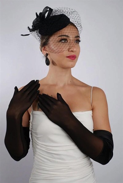 Siyah Yarı Saten Tül Gelin Eldiveni ve Düğün Nikah Fascinator Şapka Seti