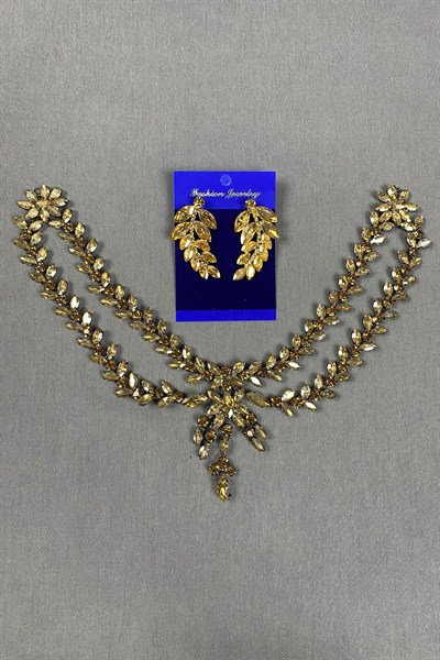 Sultan Taşlı Alınlık Gelin Kına Saç Aksesuarı ve Yaprak Taşlı Küpesi