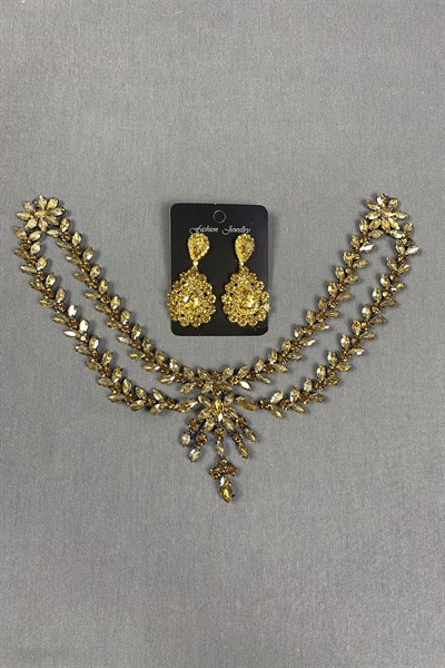 Sultan Taşlı Alınlık Gelin Kına Saç Aksesuarı ve Damla Küpesi