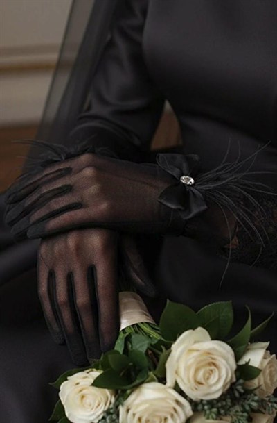 Tül Fiyonk ve Markiz Taş Detaylı Nikah Eldiveni