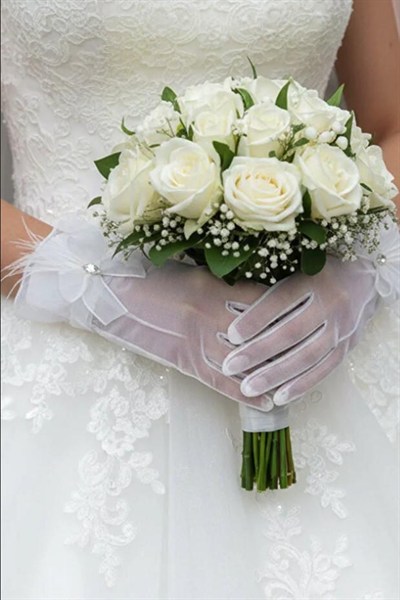 Tül Gelin Eldiveni-Tül Fiyonk ve Markiz Taş Detaylı Nikah Eldiveni