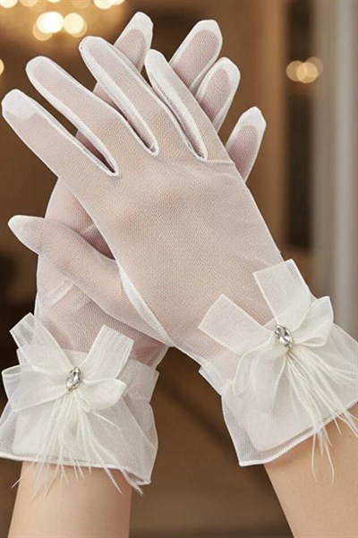 Tül Gelin Eldiveni-Tül Fiyonk ve Markiz Taş Detaylı Nikah Eldiveni