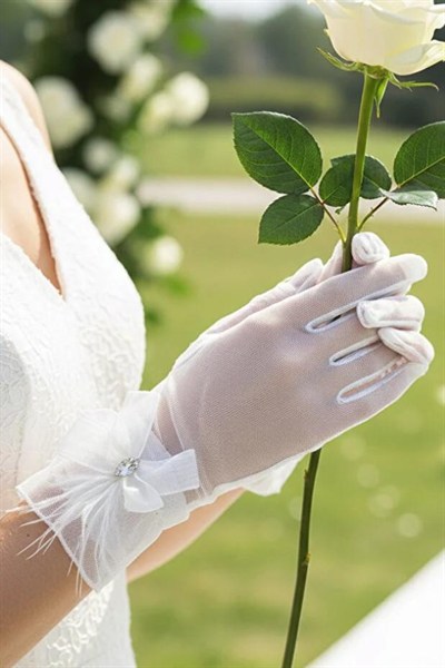 Tül Gelin Eldiveni-Tül Fiyonk ve Markiz Taş Detaylı Nikah Eldiveni