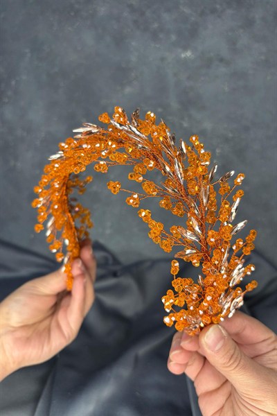 Turuncu Hera Kristal Boncuklu Gelin Kına Tacı Saç Ve Türban Aksesuarı