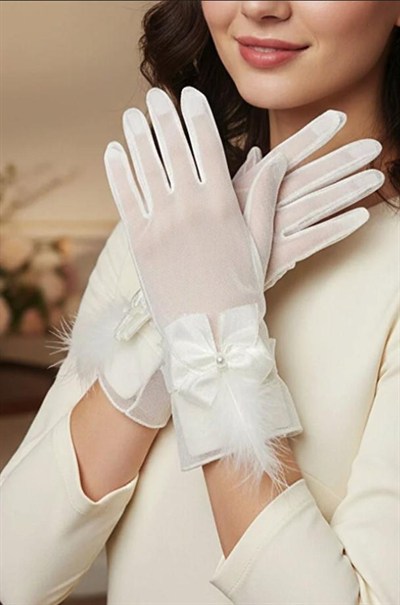 Tüylü Şeffaf İncili Fiyonk Süslemeli Modern Nikah ve Düğün Gelin Eldiveni