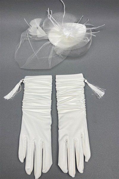 Uzun Püsküllü Gelin Eldiveni ve Nikah Şapkası