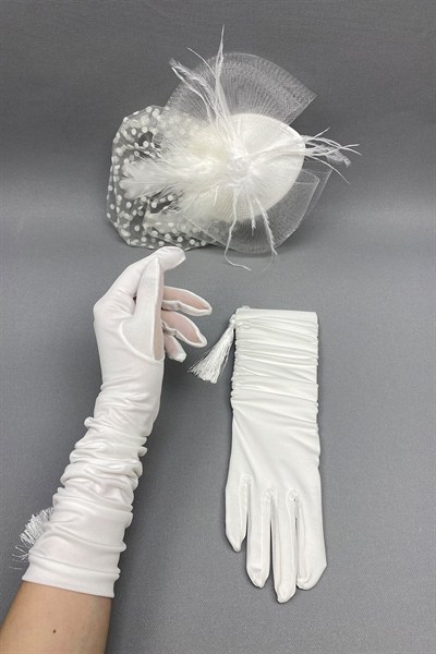 Uzun Püsküllü Gelin Eldiveni ve Puantiyeli Nikah Şapkası