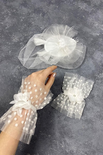 Vualet Nikah Şapkası Gelin Aksesuarı Ve Vera Taşlı Çift Bilek Aksesuarı