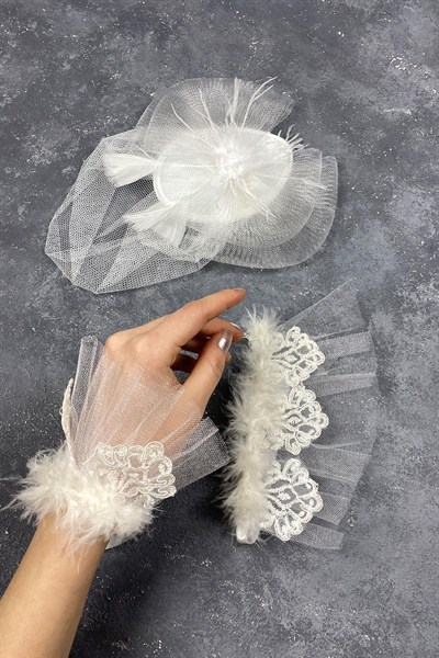 Vualet Nikah Şapkası Gelin Aksesuarı Ve Lavin Çift Bilek Aksesuar