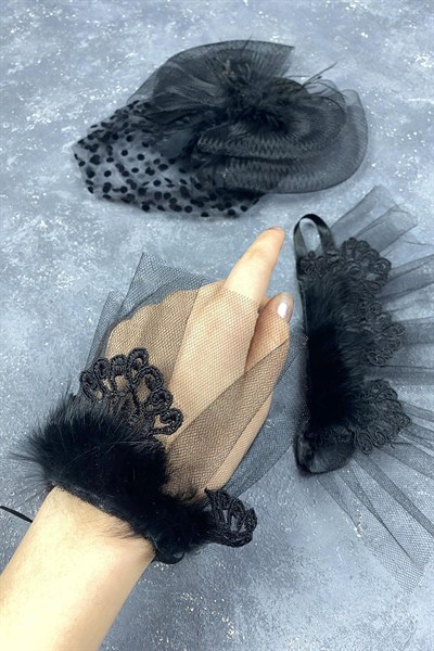 Vualet Nikah Şapkası Gelin Aksesuarı Ve Lavin Tüylü Çift Bilek Aksesuar