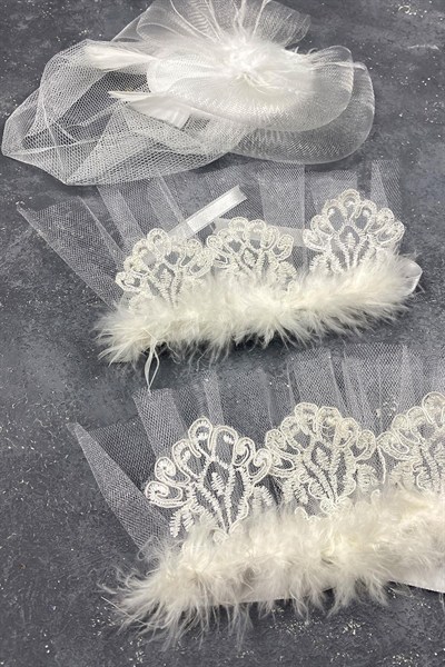 Vualet Nikah Şapkası Gelin Aksesuarı Ve Lavin Çift Bilek Aksesuar