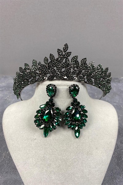 Yeşil Sara Sık Taşlı Gelin Kına Tacı Ve Küpe Seti