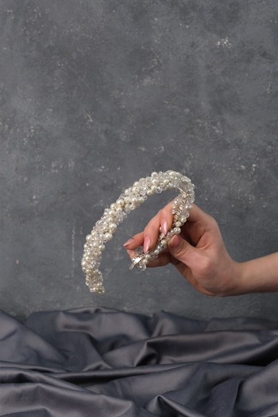 Yogun İncili Kristal Boncuklu Gelin Tacı