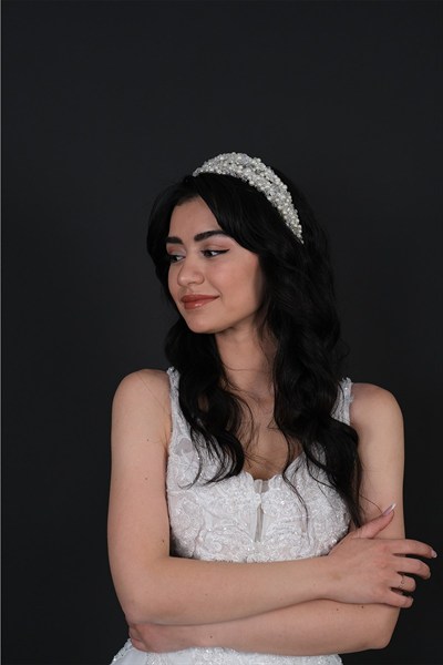 Yoğun İncili Özel Tasarım Çift Sıralı Gelin Tacı
