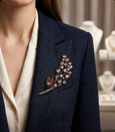 Elegance Bouquet Antik Bronz ve Kristal Taşlı Yaprak Buketi Broş