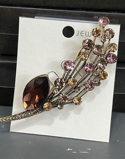 Elegance Bouquet Antik Bronz ve Kristal Taşlı Yaprak Buketi Broş