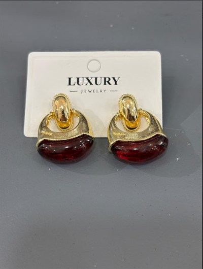 Çelik Kadın Küpe Toptan - Retro Damla Model Amber Kırmızısı