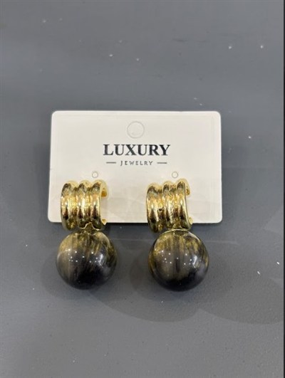 Gold Üçlü Burgu Tasarım Çelik Küpe - Antrasit Küre Sallantılı Luxury Seri