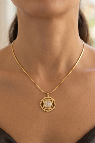 Güneş Figürlü Zirkon Taşlı Gold Kolye