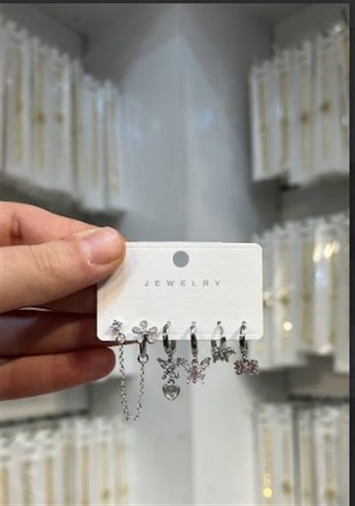 Kelebek ve Çiçek Figürlü Zincirli Çelik Kombin Küpe Seti (6 Parça)
