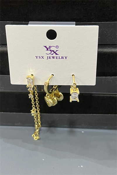 Lüks Seri Gold Kaplama Baget Taşlı ve Sallantılı Çelik Küpe Kombini 3lü Set