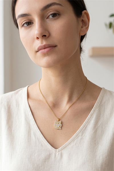 Minimalist Tasarım Kristal Taşlı Kedi Kolye Modeli