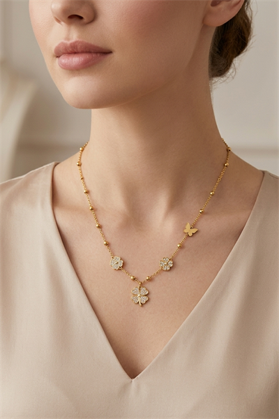 Minimalist Zirkon Taşlı Yonca Model Çelik Zincir Kolye Toptan