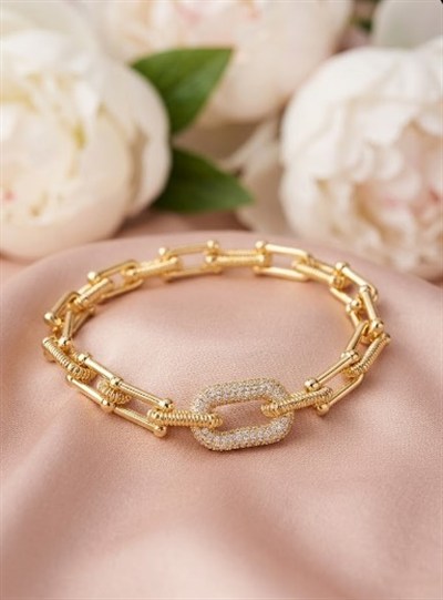Toptan 316L Çelik Gold Baget Zirkon Taşlı Asansörlü Su Yolu Bileklik