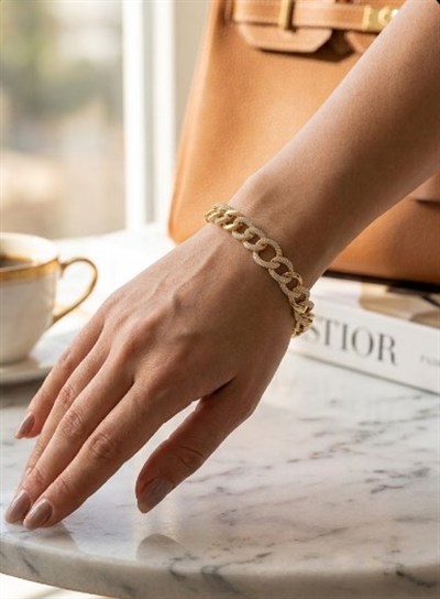 Toptan 316L Çelik Gold Dikey Baget Zirkon Taşlı Modern Kadın Bileklik