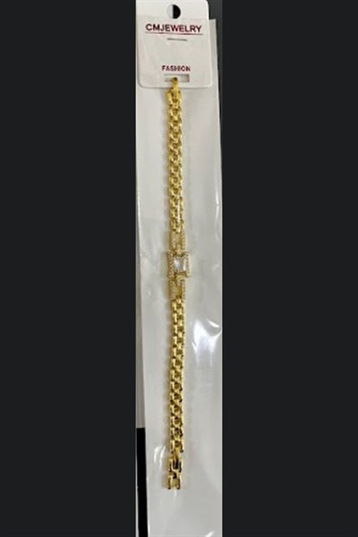 Toptan 316L Çelik Gold Kalın Zincirli Baget Zirkon Taşlı Kadın Bileklik