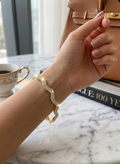 Toptan 316L Çelik Gold Kavisli Su Yolu Zirkon Taşlı Kadın Bileklik
