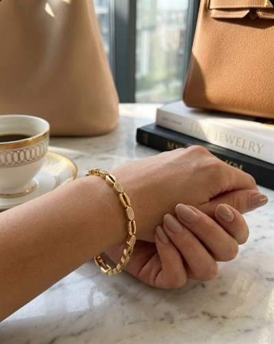 Toptan 316L Çelik Gold Renk Zirkon Taşlı Oval Bakla Kadın Bileklik