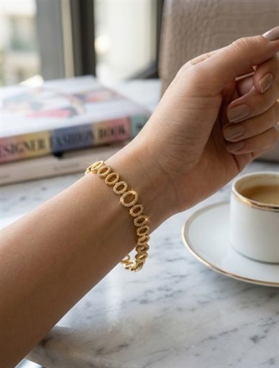 Toptan 316L Çelik Gold Sıralı Oval Zirkon Taşlı Kadın Bileklik