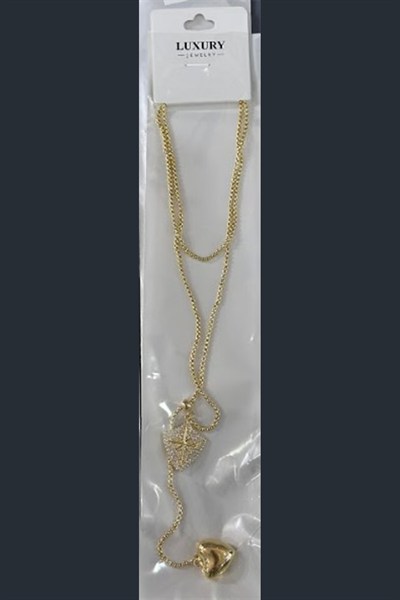 Toptan 316L Çelik Zirkon Taşlı Kalkan ve Puffy Kalp Sarkıtlı Kolye