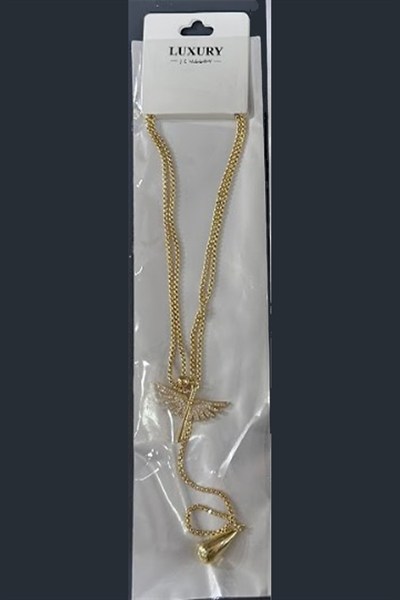 Toptan 316L Çelik Zirkon Taşlı Melek Kanadı ve Damla Sarkıtlı Kolye
