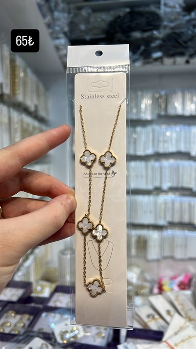 Toptan Çelik Beyaz Sedefli Van Cleef Model Yonca Bileklik