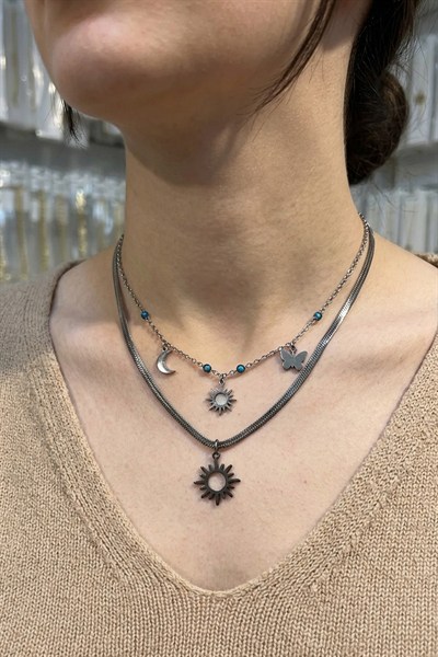Toptan Çelik Hasır Zincirli Üçlü Güneş Figürlü Kadın Kolye Modeli